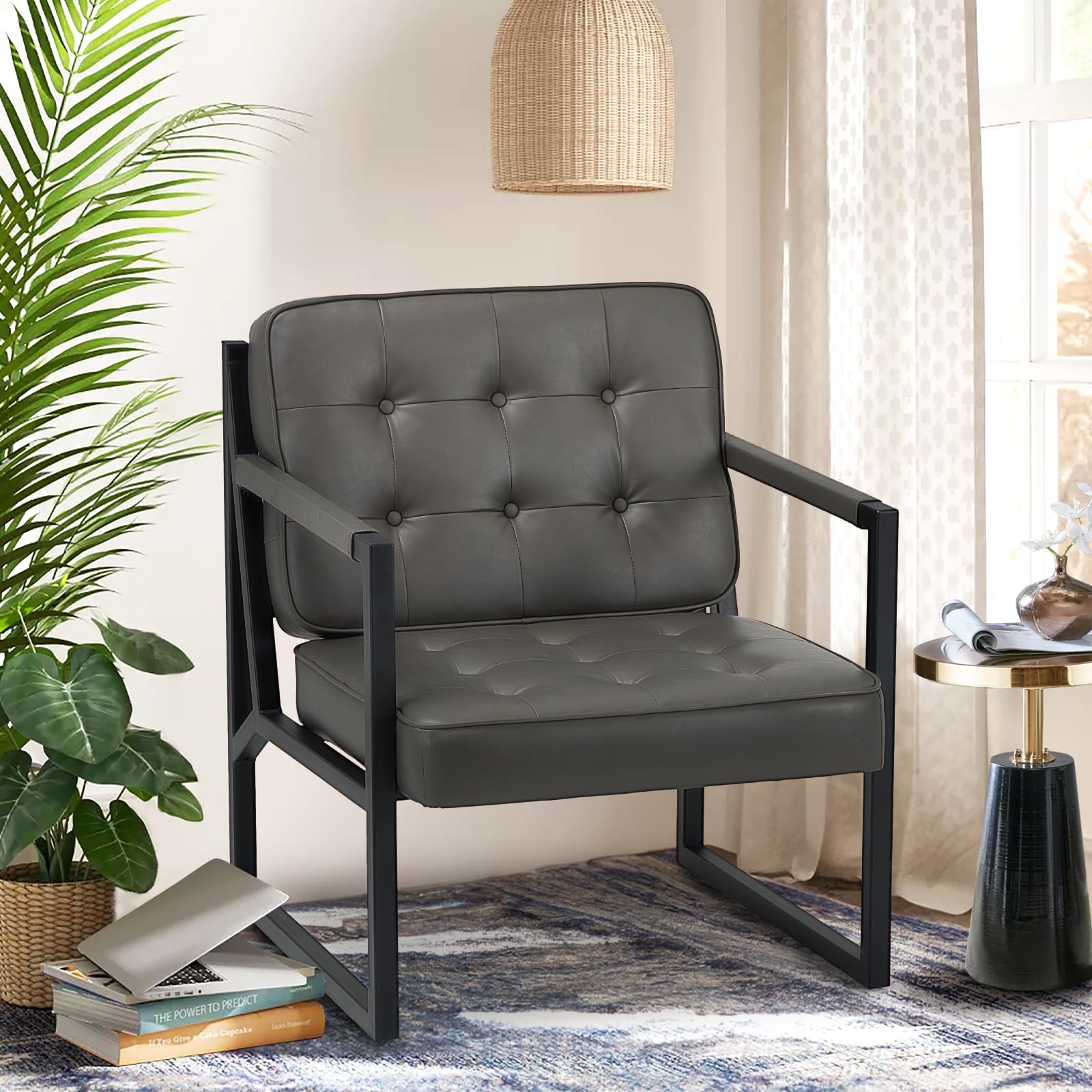 Photo 1 of ***STAINED SEATING / MISSING ASSEMBLY HARDWARE / SEAT RAILING IS BROWN NOT BLACK**** COLAMY Modern Accent Chair, Accent Arm Chair for Living Room, Comfy Leather Armchair with Metal Legs for Bedroom Reception Waiting Room, Grey