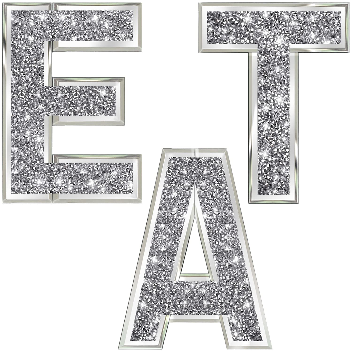 Photo 1 of (T IS CRACK) ZOLAPI 3 pcs Independent Letters EAT.Glam Crystal Diamond Letters.Silver Mirror Glass Home Decoration for Wall, Kitchen,Living Room, Fireplace, Bookshelf and Table.