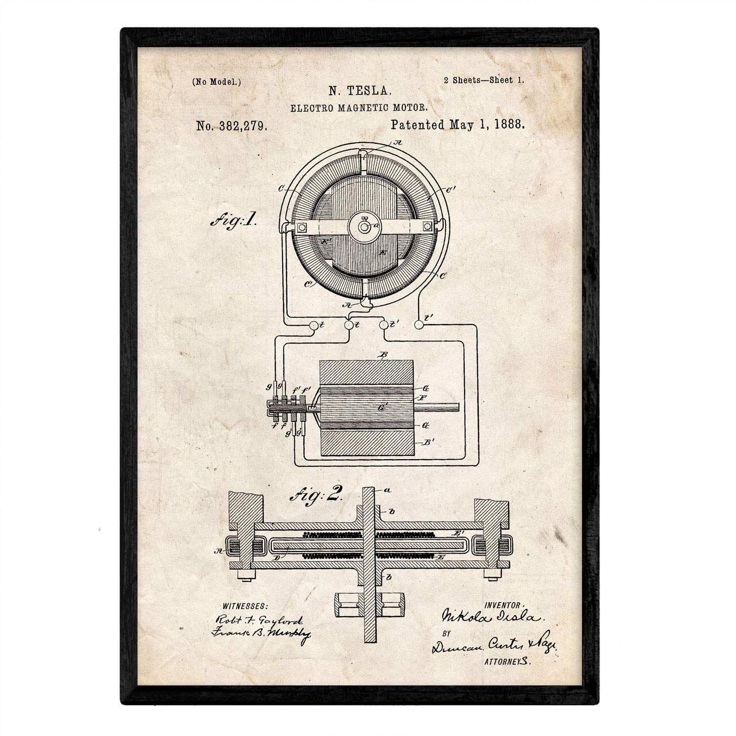 Nacnic Poster patented magnetic motor. Sheet with old design patent in A3 size and vintage background