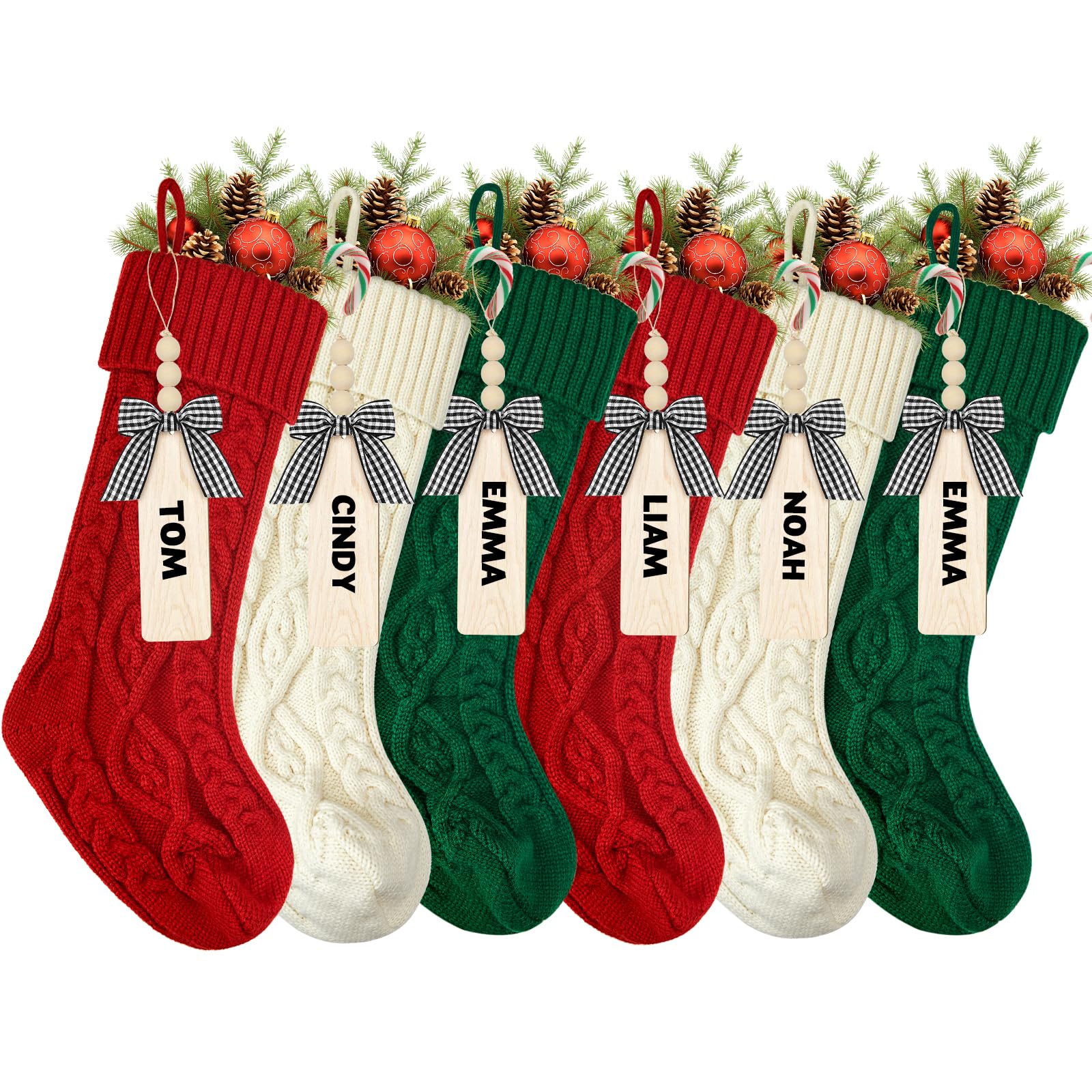 Photo 1 of 18 Inches Personalized Christmas Stockings: 6 Pack Red Ivory Green Knit Christmas Stockings Set with Name Tags Christmas Decor Neutral Xmas Decorations Holiday Farmhouse Indoor Rustic Home Decor