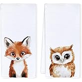 Qnhij Fox and Owl Kitchen Towels, Animal Lovers Gifts Dish Tea Towels for Kitchen Decor, Foxes Owls Gifts for Women Men Decorative Hand Towels for Bathroom, 16x24 Inch Set of 2