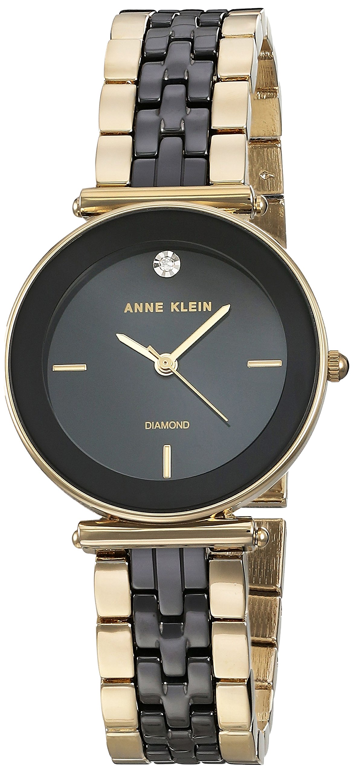 Anne Klein Women's Genuine Diamond Ceramic Bracelet Watch, Black/Gold, Japanese