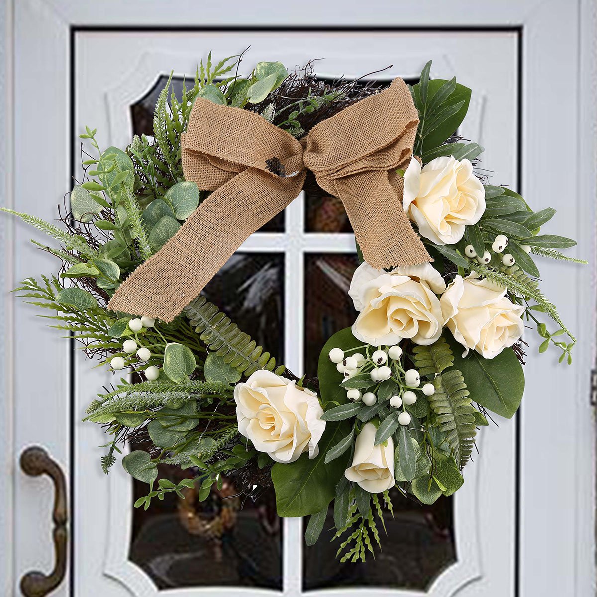 Artificial Outdoor Wreath With Lights 19 Inch Handcrafted Wreaths for Winter Home Decor, Green Front Door Wreath for Garden (Rose)