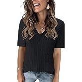 Kistore Womens Summer Short Sleeve Sweaters Tops V Neck Cable Knit Lightweight Sweater Shirts Blouses 2025