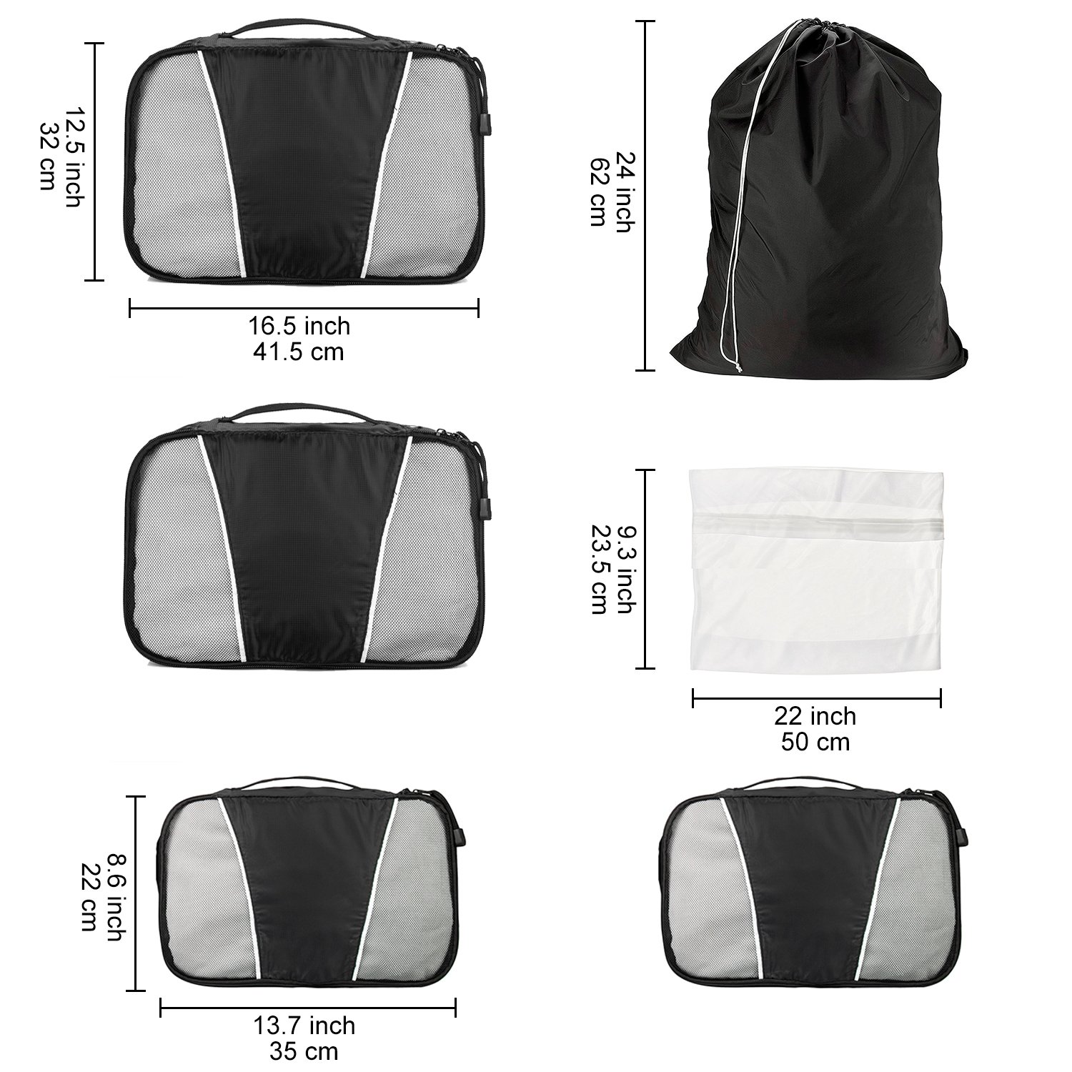 WandF Expandable Packing Organizer Cubes Set of 6, Various Sizes Plus Underwear Bag and Laundry / Shoe Bag w/ Drawstring