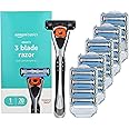 Amazon Basics 3-Blade Motion Sphere Razor for Men with Dual Lubrication, Handle & 20 Cartridges, Cartridges fit Amazon Basics Razor Handles only, 21 Piece Set, Black (Previously Solimo)