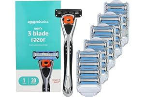 Amazon Basics 3-Blade Motion Sphere Razor for Men with Dual Lubrication, Handle & 20 Cartridges, Cartridges fit Amazon Basics Razor Handles only, 21 Piece Set, Black (Previously Solimo)