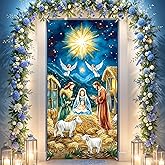 Nativity Christmas Door Cover Decorations - Jesus Holy Night Banner Blue Gold Religious Xmas Scene Sheep Front Door Cover Banner Backdrop for Holiday Farmhouse Decor