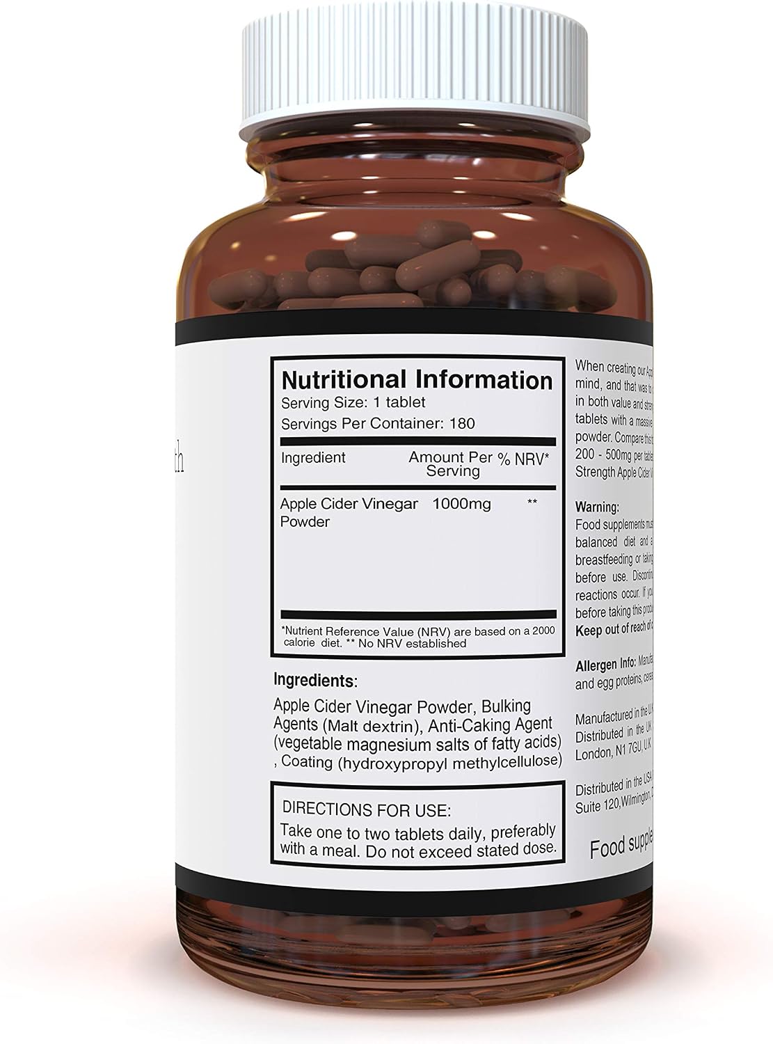Double Strength Apple Cider Vinegar 1000mg x 180 Tablets (6 Months Supply), 180 Count (Pack of 1) - Image 4