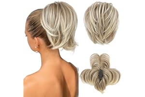 HOOJIH Messy Bun Hair Piece, Claw Clip in Straight Hair Bun 9 Inch Short Ponytail Extension with Bendable Metal Wire Hair Pieces for Women Fake Pony DIY Styles - Light Ash Brown with Blonde mixed