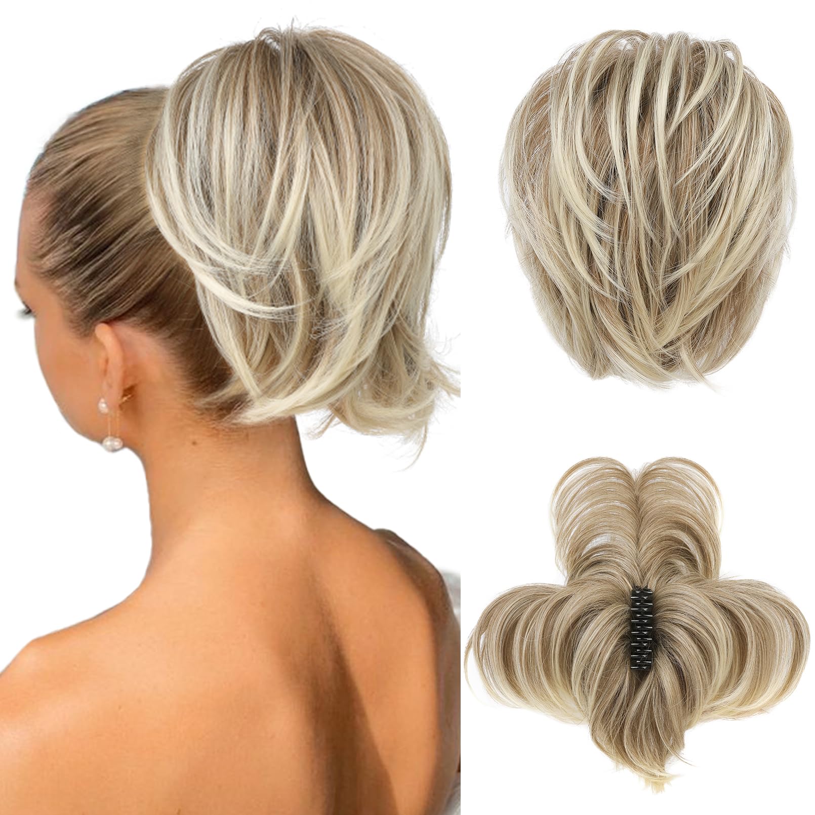 Photo 1 of HOOJIH Messy Bun Hair Piece, Claw Clip in Straight Hair Bun 9 Inch Short Ponytail Extension with Bendable Metal Wire Hair Pieces for Women Fake Pony DIY Styles - Light Ash Brown with Blonde mixed