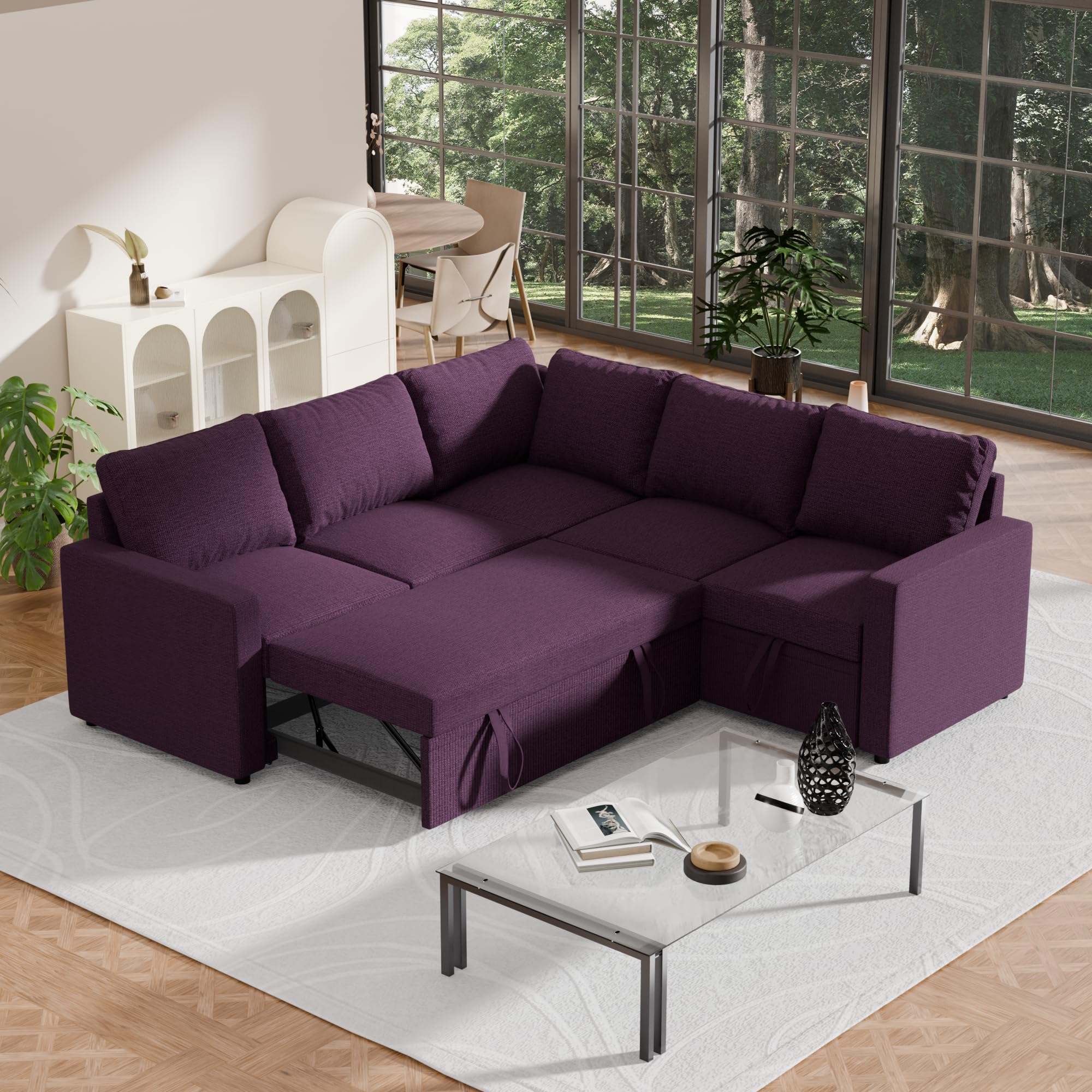Photo 1 of FONTOI Sleeper Sofa Bed, Modular Sectional Couch with Pull Out Bed, L Shaped Sectional Convertible SofaBed with Storage Seat, for Living Room Apartment Bedroom Office Purple Linen
