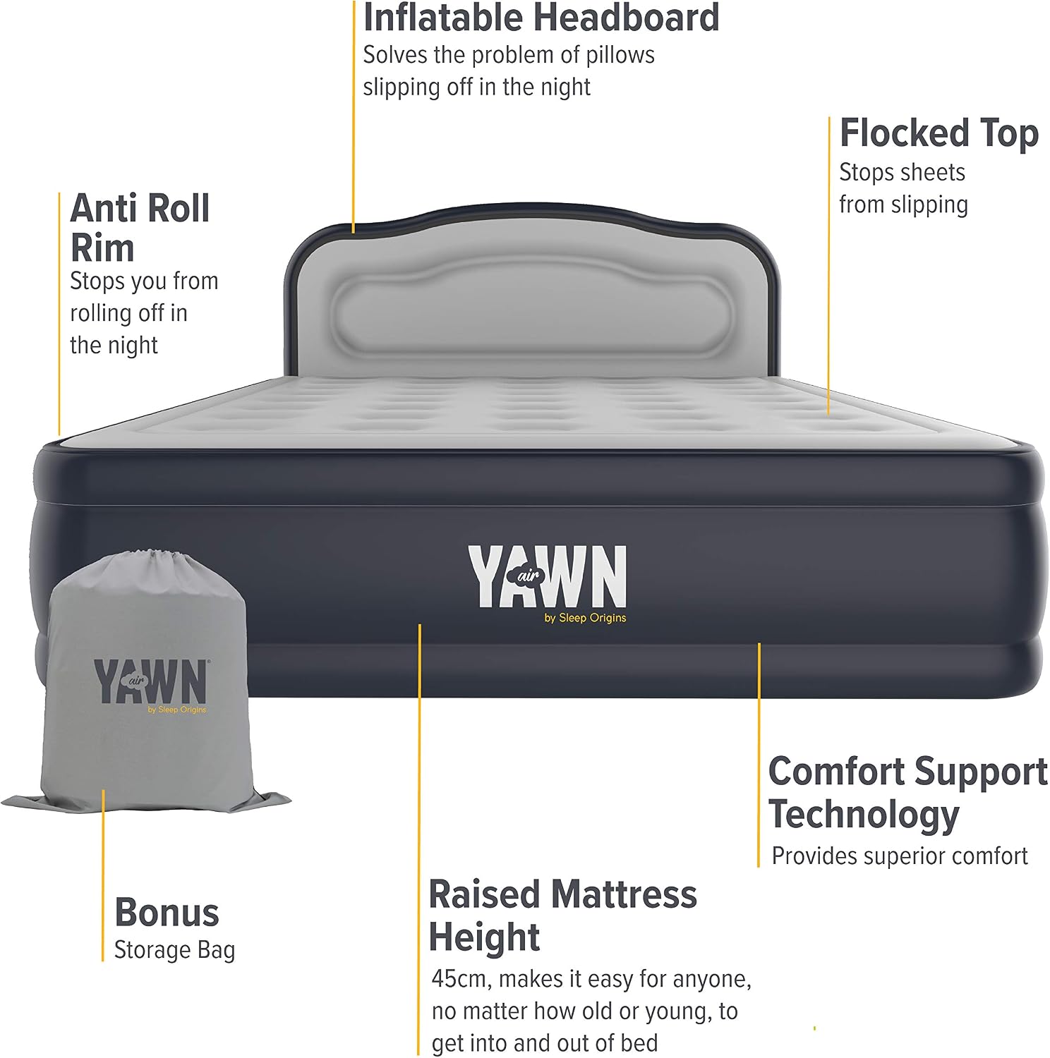 YAWN AIR Self-Inflating Airbed King Size, Great Guest Bed, Camping Mattress, Built-in Pump & Headboard, Grey Fabric Material - Image 5