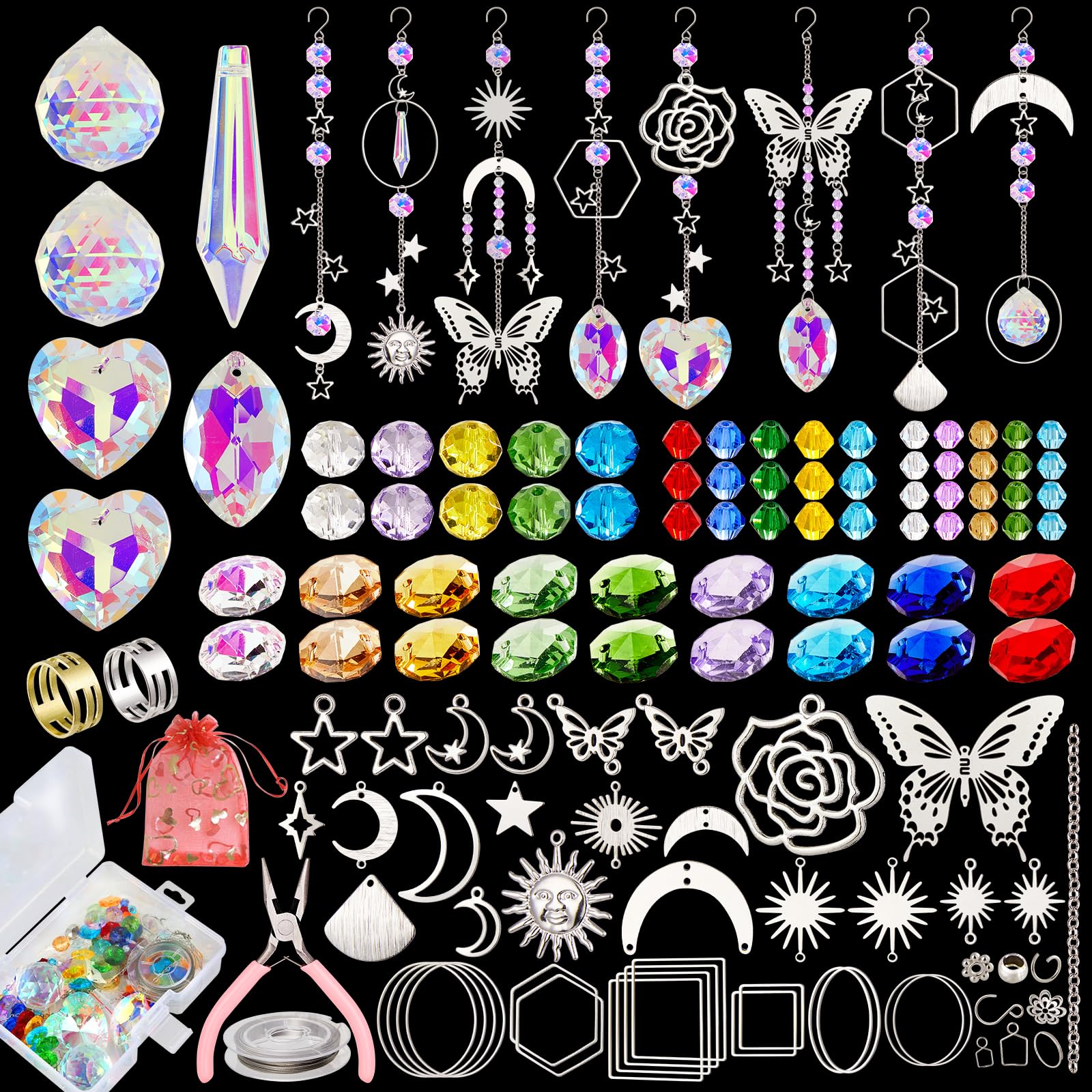 600pcs+ DIY Suncatcher Making Kits Crystal Sun Catcher Hanging Decor Arts and Crafts Supplies Set with Crystals Beads, Pendants, Charms, Hooks, Chains for Indoor Outdoor Home Wedding Garden Decor