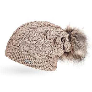 Neverless Coole Damen Strickmütze Strick-Beanie gefüttert mit Fell-Bommel, Winter-Mütze, Bommelmütze