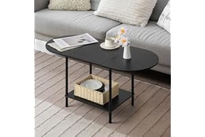 SHINOSKE Coffee Tables for Living Room,2-Tier Small Coffee Table Industrial Modern Black Coffee Table with Storage Shelf and Wood Tabletop for Small Space,Home Office