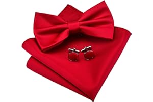GUSLESON Mens Solid Color Double Fold Pre-tied Bow Tie and Pocket Square Cufflink Set with Gift Box