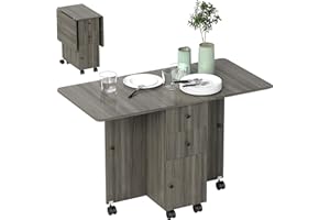 HOMCOM Foldable Dining Table, Rolling Kitchen Table with Storage Drawers and Cabinet, Drop Leaf Table on Wheels, Grey