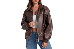 Tankaneo Womens Oversized Leather Bomber Jackets Cap Sleeve Zip Up Motorcycle Coats with Pockets