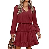 Caracilia Long Sleeve Dress for Women Fall 2025 Casual V Neck High Waist Tiered Ruffle Aline Swing Tunic Short Mini Dresses