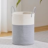 VIPOSCO Large Laundry Hamper, Tall Woven Rope Storage Basket for Blanket, Toys, Dirty Clothes in Living Room, Bathroom, Bedroom - 58L Grey & White