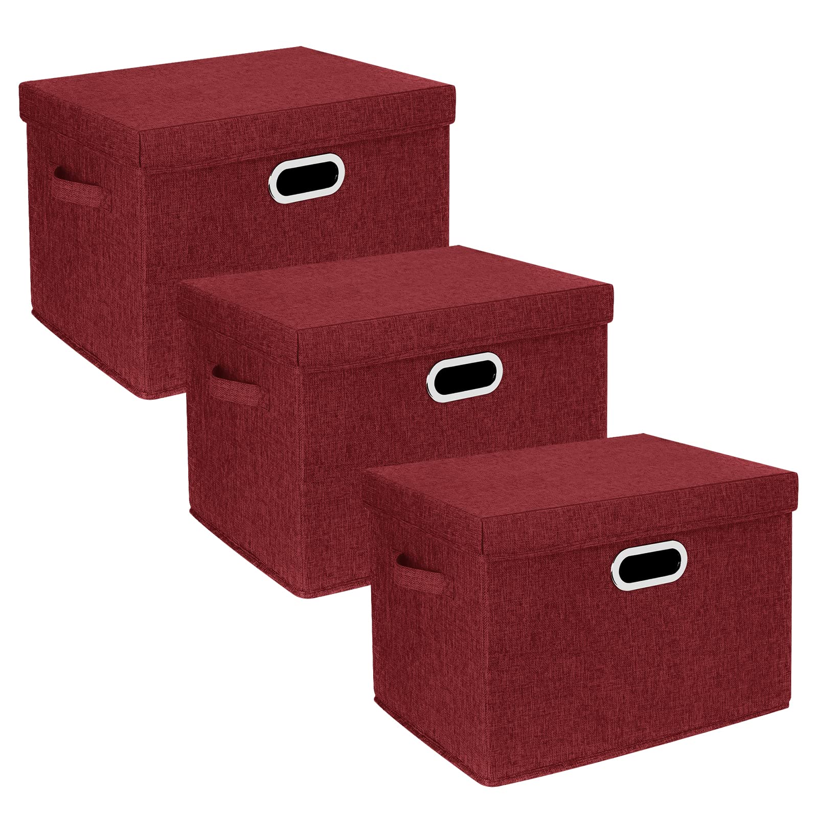 TYEERS Large Storage Box with Lid, Collapsible, Washable, Fabric Storage Box for Clothes, Wardrobe Storage, 44x30x29 cm, Set of 3, Red Wine