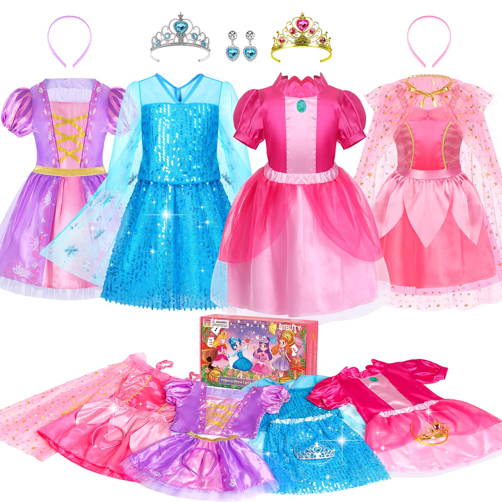 Photo 1 of BIBUTY Princess Dress Up Clothes for Little Girls Princess Dresses for Girls, Pretend Play & Dress Up Princess Costume Set with Princess Crown Cape, Princess Toys Gifts for 3-6 Toddler Little Girls