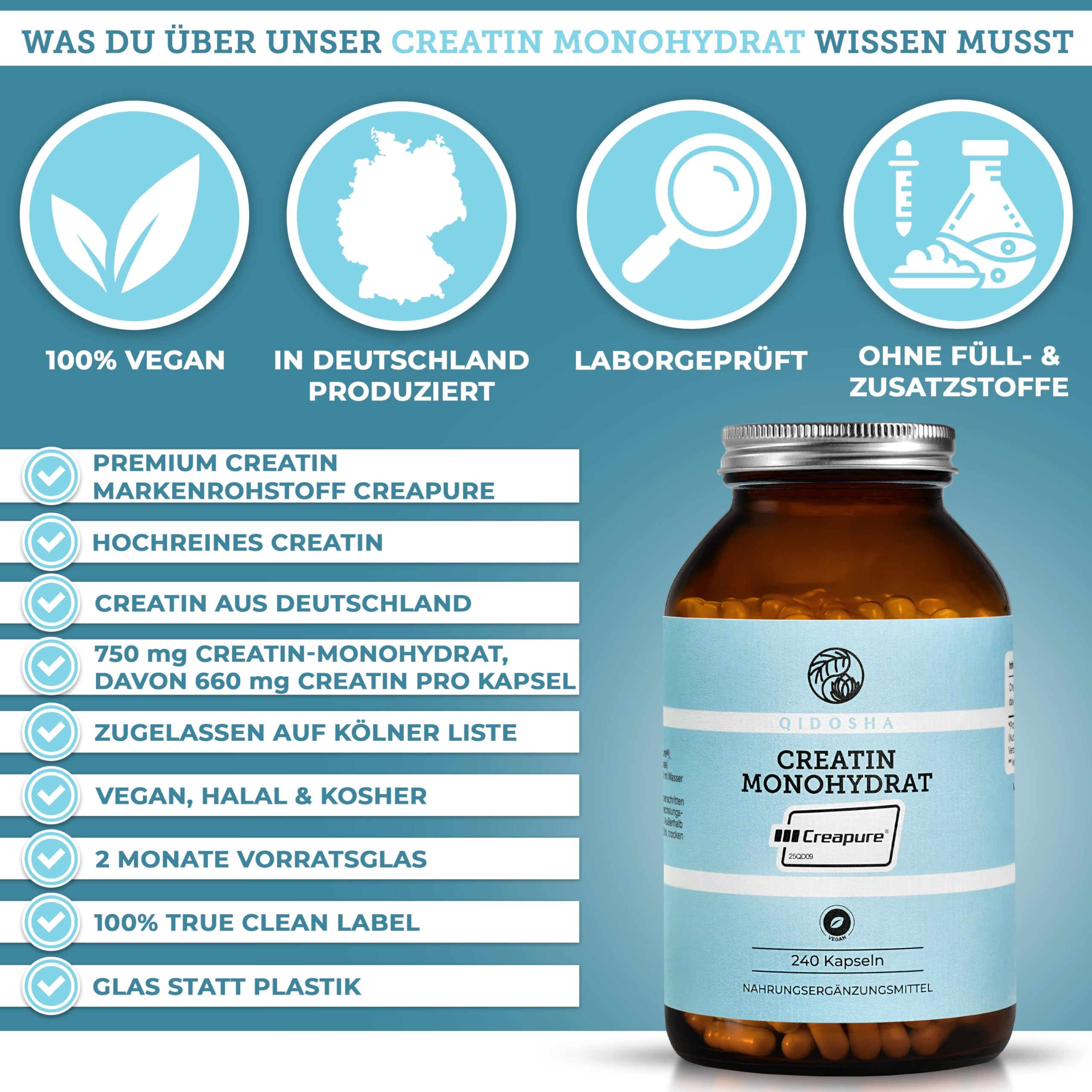 Creapure® Creatin Monohydrat von QIDOSHA®, 240 Stk im Apothekerglas, 750mg je Kapsel, jede Charge laborgeprüft, deutsche Fertigung 2