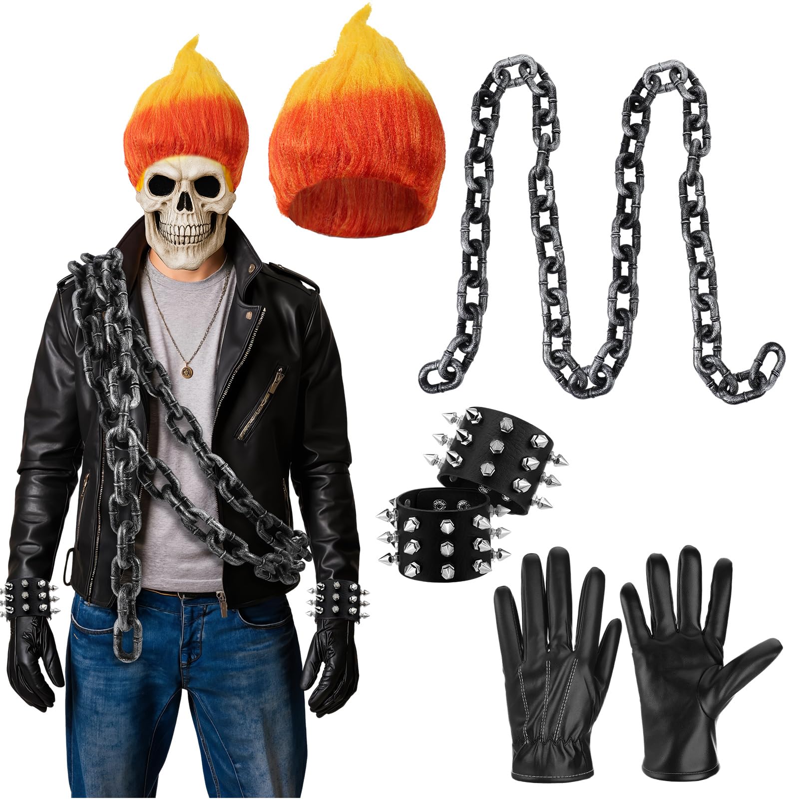 Photo 1 of ***** JUS T THE MASK *** Tellingyou 5 Pcs Halloween Flame Rider Costume Motorcyclist Costume Accessories Include Fire Shape Wig Rivet Bracelet Plastic Chain Prop Leather Gloves for Men Cosplay Party
