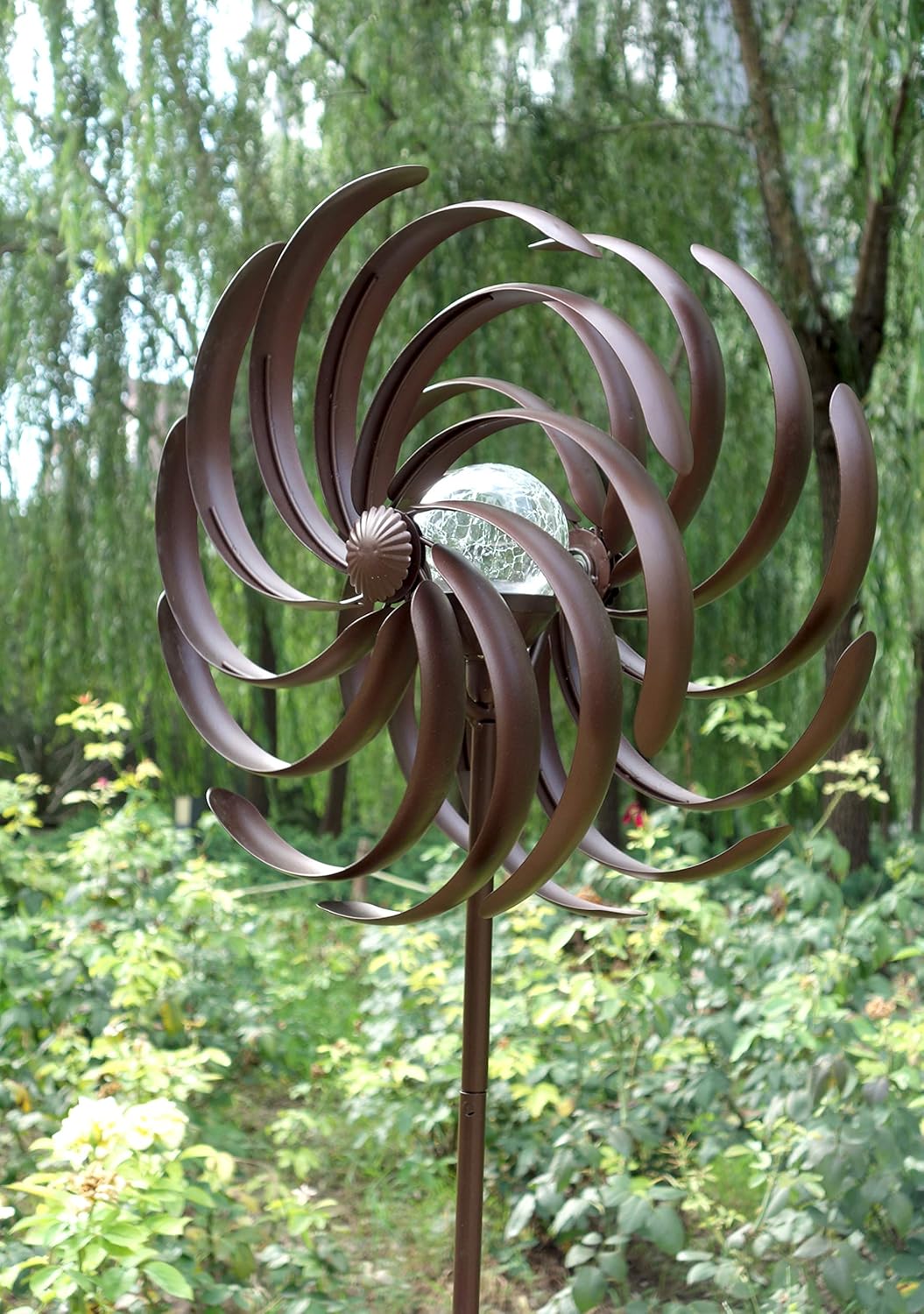 Solar Wind Spinner Willow Leaves-Improved 360 Degrees Swivel Multi-Color LED Lighting Solar Powered Glass Ball with Kinetic Wind Spinner-Metal Sculpture Construction-Outdoor Yard Lawn & Garden : Garden & Outdoor