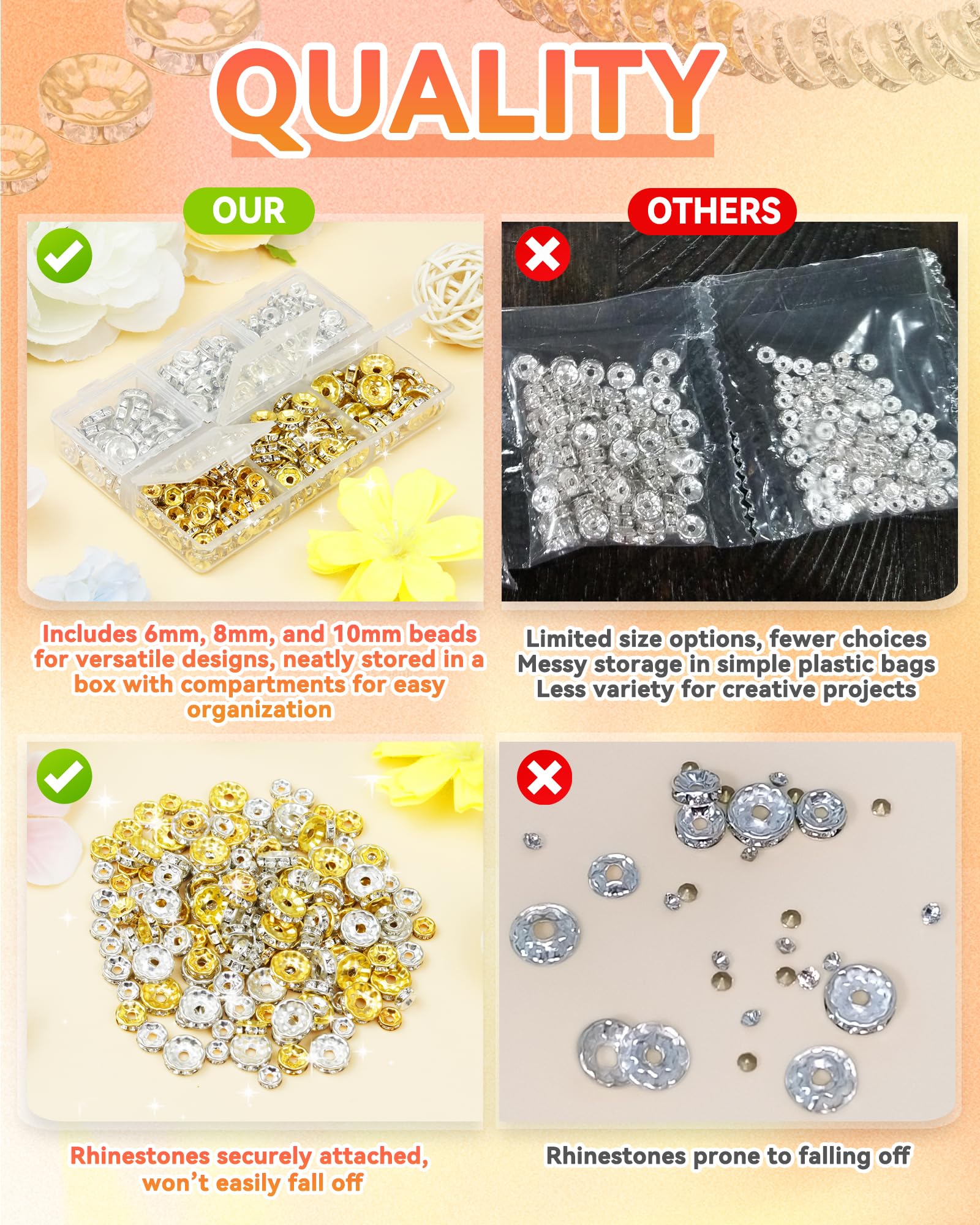 300pcs FIVEIZERO Rondelle Spacer Beads for Jewelry Making, 6mm, 8mm, 10mm Beads with Holes, Gold & Silver Rhinestone Beads for Beaded Pens, Craft Projects, Bracelets & Necklaces