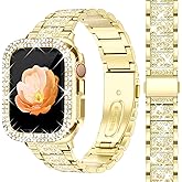 Newlibery Bling Watch Bands with Bling Case for Women Compatible with Apple Watch Band 45mm Elegant Dressy Jewelry Replacement Metal Link Wristband Protector Cover for iWatch Series 9/8/7 Gold