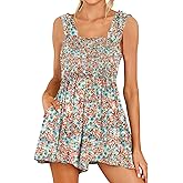 DEEP SELF Women Summer Sleeveless Romper Square Collar Ruffle Straps Flowy Short Jumpsuit with Pockets