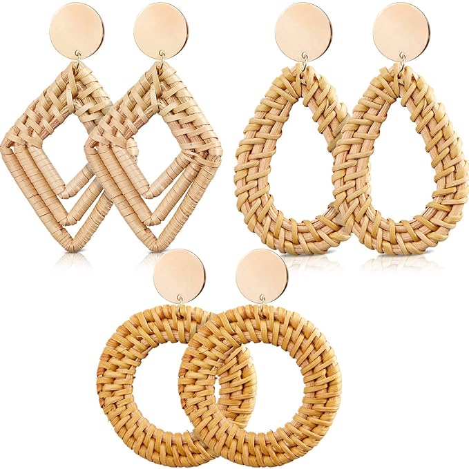 BSJELL Rattan Hoop Earrings Woven Handmade Straw Circle Drop Earrings Hammered Disc Stud Wicker