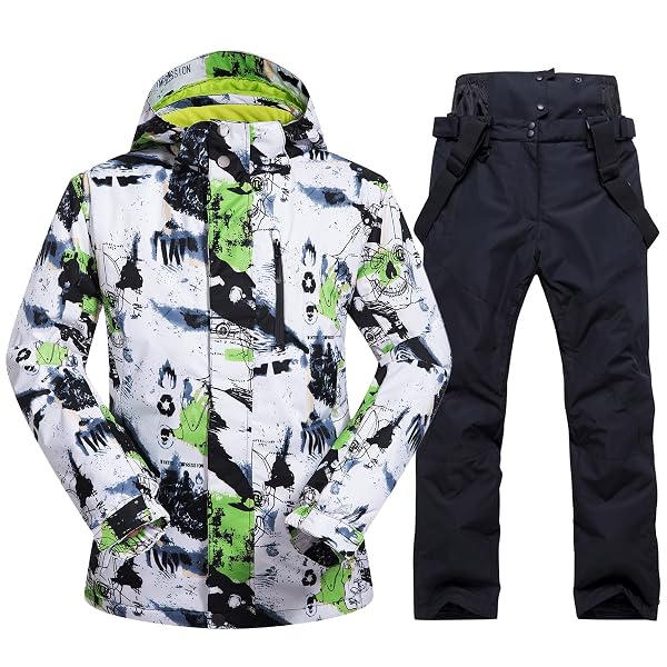 MENS SKI JACKET AND PANTS SET SKI SUIT WINTER WATERPROOF WINDPROOF HOODED SNOW COAT 2 PIECES SNOWBOARDING SNOWSUITS GREEN+BLACK-M