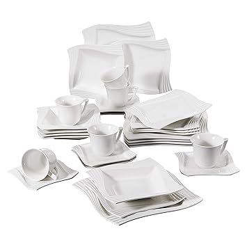 MALACASA, Serie Amparo, 30 TLG. Cremeweiß Porzellan Geschirrset Kombiservice mit je 6 Kaffeetassen, 6 Untertassen, 6 Dessertt