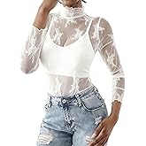 materasu 2025 Womens Mesh Sheer Long Sleeve Layering Top Mock Neck Lace Floral See Through Shirt Blouses
