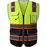 JKSafety 9 Pockets High Visibility Dual Color Zipper Front MESH Lite Safety Vest | Orange Color Triming Reflective Strip | ANSI/ISEA Standards (100-Yellow-Black, XL)