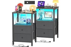 Cyclysio NightStands Set of 2 with LED Lights, Night Stand with Charging Station, 25.6'' Bedside Tables with 2 Drawers for Bedroom Living Room, Grey
