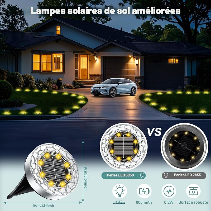 10 Piece Lampe Solaire Exterieur, 8 LED Lumiere Solaire Exterieur, Stainless Steel LED Lampe Solaire Exterieur Jardin, for Lawn, Driveway, Sidewalk, Patio, Blanc Chaud