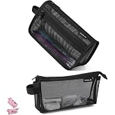 Wangzhong mountain 2-Pack Clear Mesh Pencil Case Pouch with Handle (Black) | Inside are visible, Single &amp; double Layer combination, Various uses, Light weight, Robust quality
