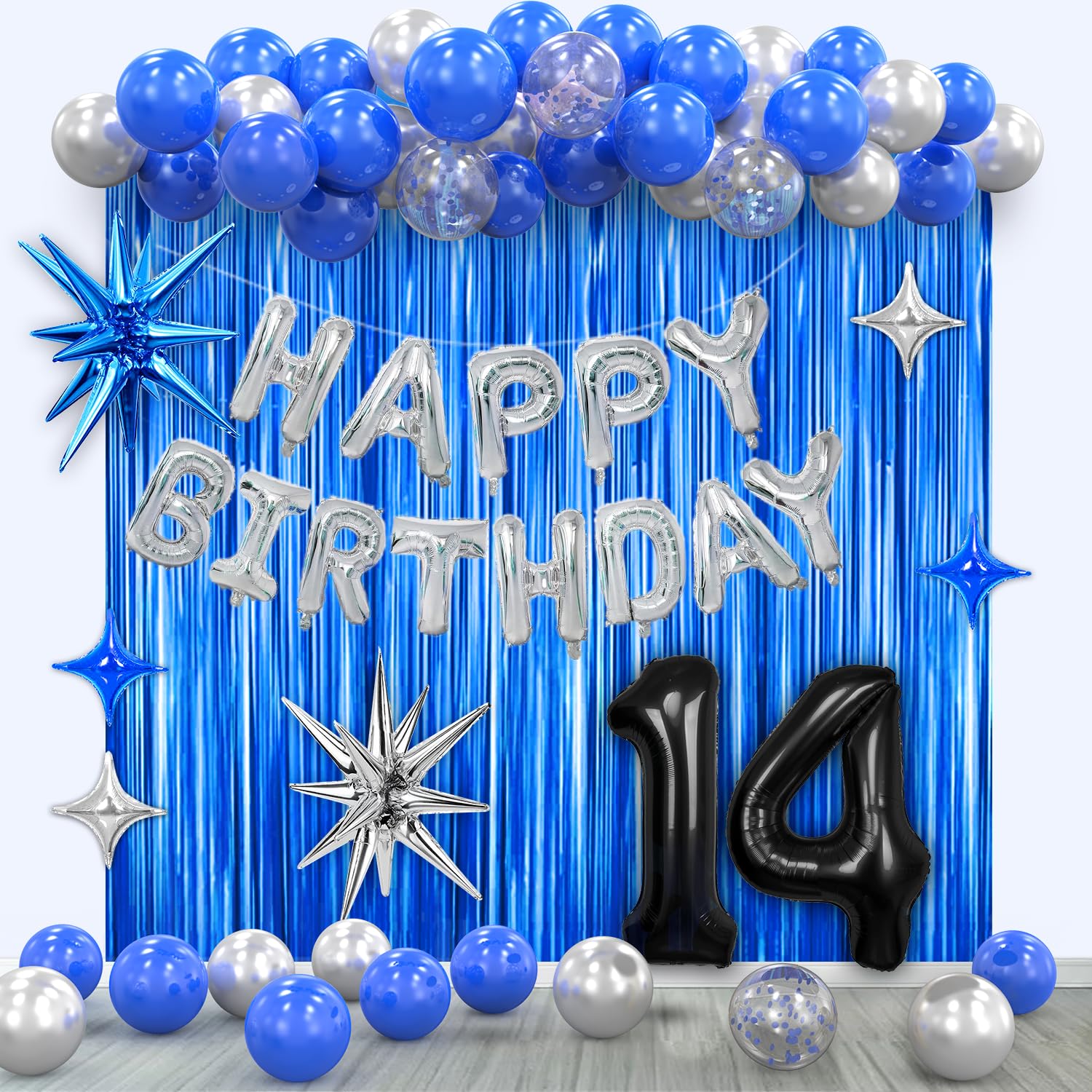 Photo 1 of 14th Birthday Party Decorations for Boys, Navy Blue Silver Black Happy 14 Birthday Decorations Set with Backdrop Banner 14 Number Balloons for Him 14 years old.