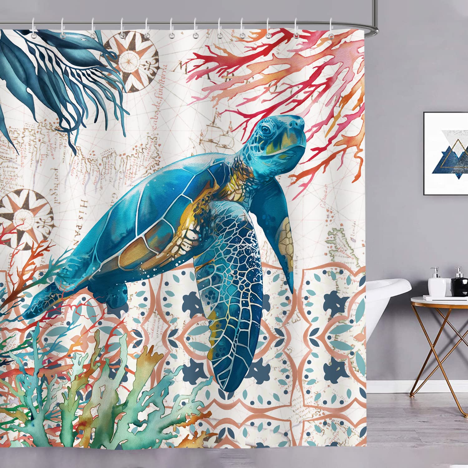 Bonhause Sea Turtle Shower Curtain 180 x 180 cm Coral Nautical Ocean Bathroom Curtain Mildew & Mould Resistant Polyester Fabric Bath Curtain with 12 Hooks — image 1