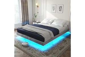 RVONOW Floating Bed Frame Queen with LED Lights, Metal Platform Queen size Floating Bed Frame with Under Bed Storage, Heavy Duty Steel Slats Support, No Box Spring Needed, Noise Free, Easy Assembly, Grey