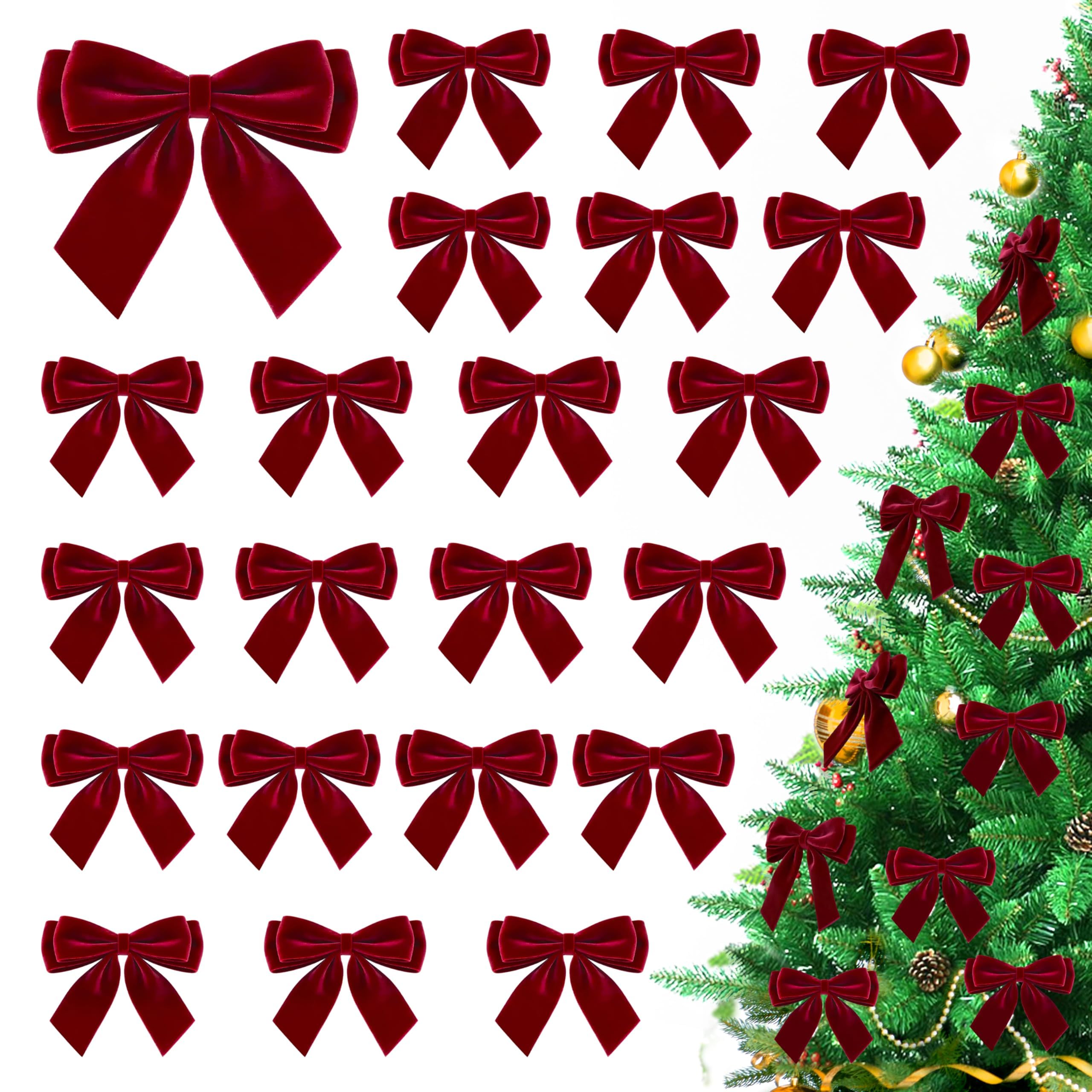 Photo 1 of 24Pcs Velvet Bows for Christmas Tree, Small Burgundy Bows Christmas Decorations with Twist Tie, Bulk Burgundy Velvet Ornaments for Wreath Garland Gift Wrapping Wedding Champagne Parties, 3.5*3.5 in