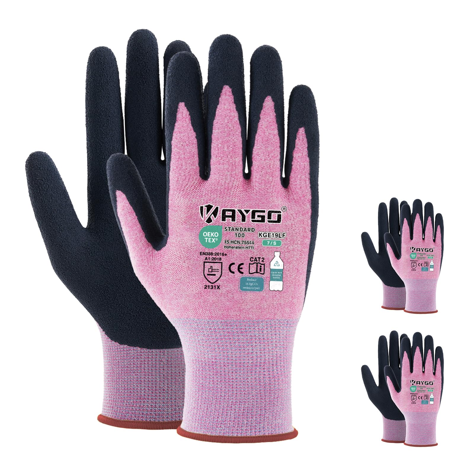 KAYGO Latex Coated Work Gloves for Women Breathable, 3 Pairs Recycled Polyester Gardening Gloves, Eco Friendly Safety Yard Work Gloves for Ladies, KGE19L (Pink, Small) — image 1