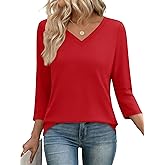 YUCOLEN 3/4 Length Sleeve Womens Tops V Neck T Shirts Dressy Casual Blouses for Women Summer Clothes Cotton Basic Tees