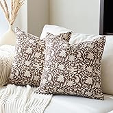 FIOUOVO Floral Throw Pillow Covers 18x18 Farmhouse Block Print Pillow Covers Decorative Pillow Covers Couch Pillows for Living Room Vintage Accent Sofa Pillows Set of 2, Brown