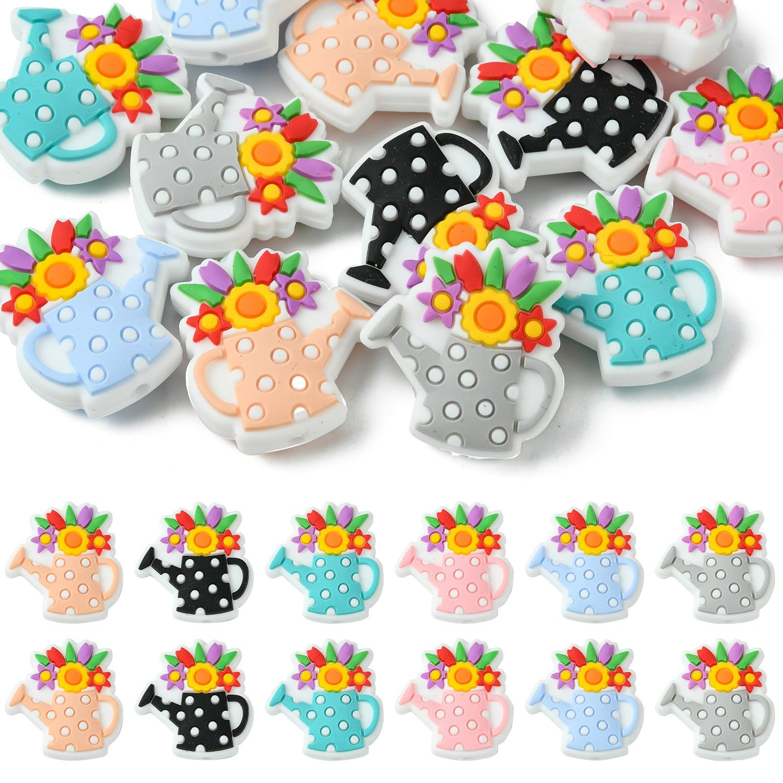 UR URLIFEHALL 12 Pcs 6 Colours Garden Theme Silicone Beads Watering Pot Silicone Focal Beads for Pens Lanyard Phone Straps Jewellery Crafts