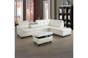 LOPOO 3-Piece Faux Leather Sectional Couch, Button Tufted Upholstered Modular Sofas with Chaise Lounge and Storage Ottoman, Large L-Shaped Living Room Sets w/Foldable Console and Cup Holder (White)